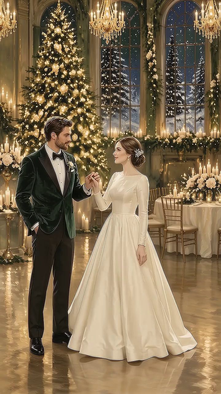 A groom in an emerald velvet jacket holding the hand of a bride in a long-sleeved ivory gown in a candlelit ballroom with chandeliers and Christmas trees.