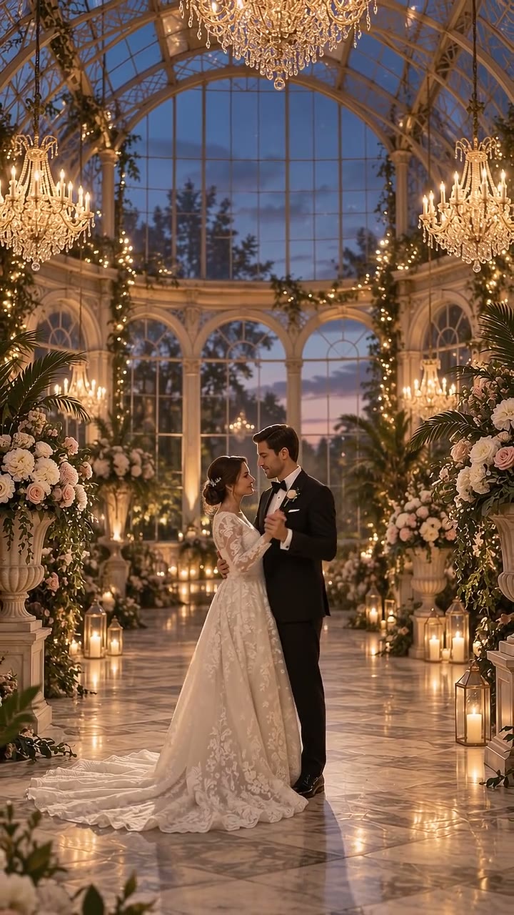 A bride in a lace gown and a groom in a black tuxedo dancing on a candlelit marble floor inside a chandelier-lit glasshouse at dusk.