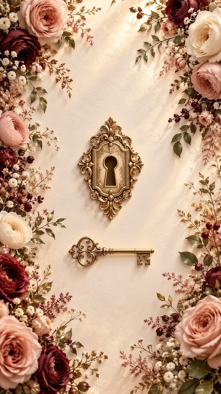 An ornate antique-gold keyhole and a filigree key on ivory silk, framed by blush, ivory and burgundy roses.