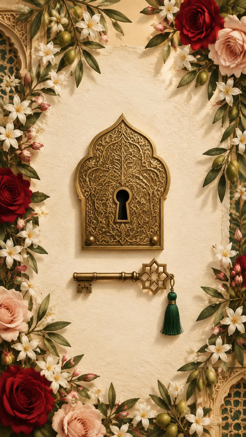 An ornate antique-gold keyhole plate and a golden key with an emerald tassel on ivory paper, framed by red and blush roses and white jasmine.