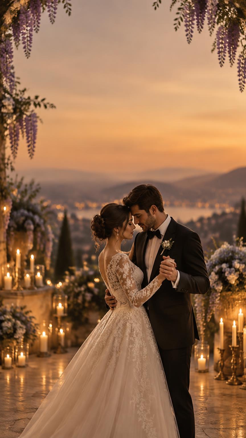 A bride in a long-sleeved lace gown and a groom in a black tuxedo dancing closely on a candlelit terrace beneath wisteria at twilight, hills and a lake behind them.