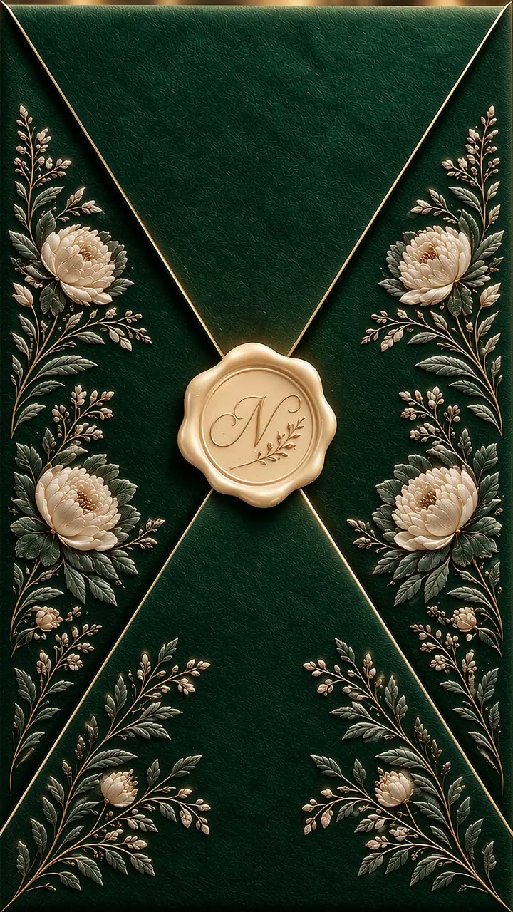 A deep emerald velvet envelope embroidered with ivory roses and green foliage, sealed with an ivory wax monogram seal.