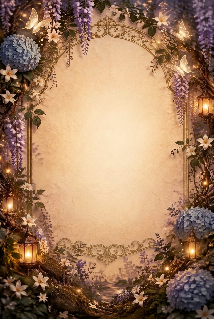 A gold filigree arch frame with hanging lilac wisteria, blue hydrangeas, white jasmine, golden butterflies and glowing lanterns around an open ivory paper centre.