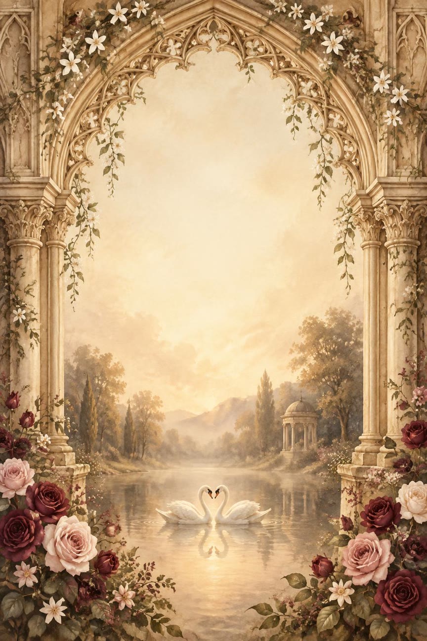Two swans on a golden lake seen through a carved ivory arch with climbing jasmine and burgundy and blush roses.