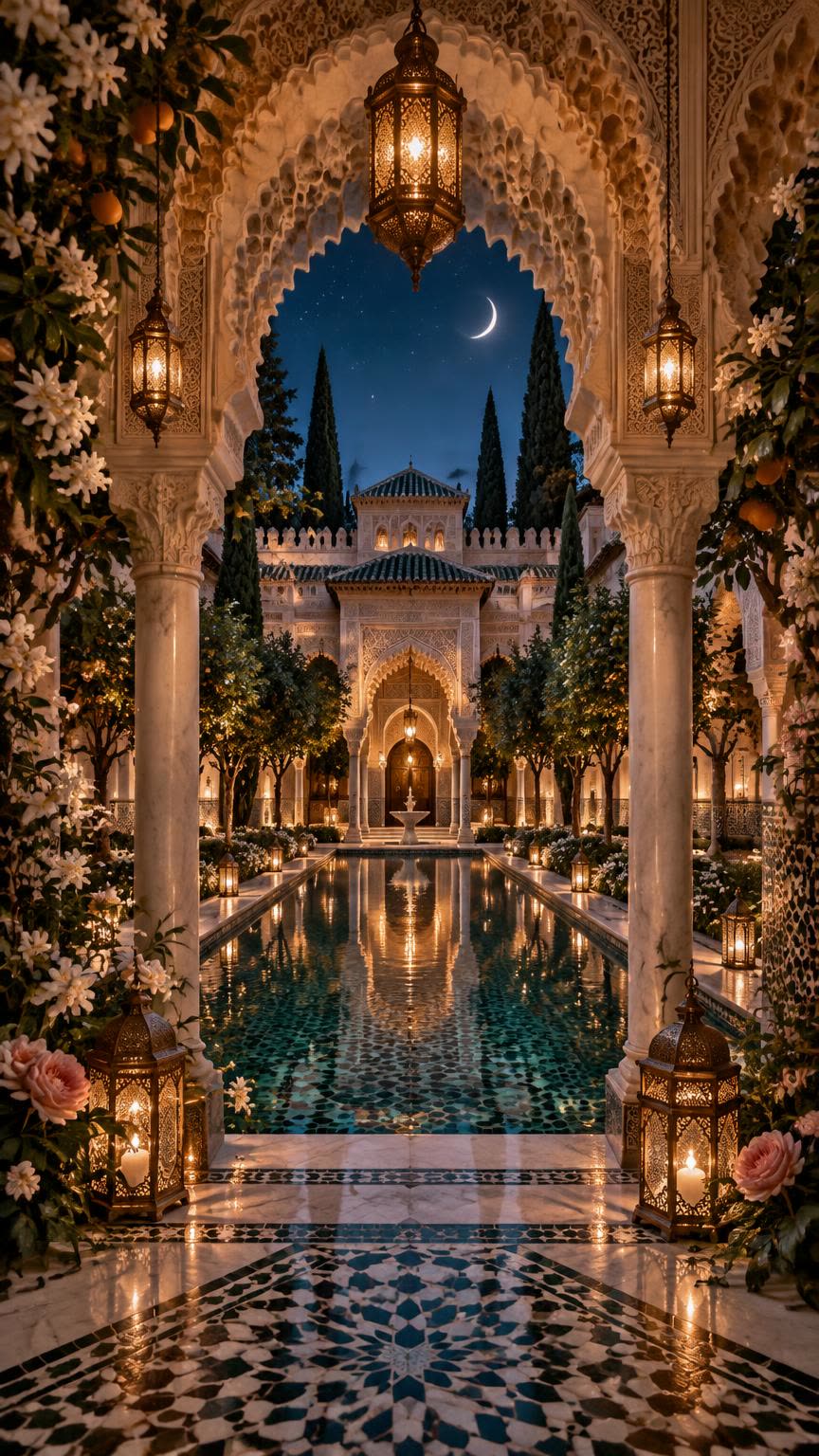 A carved Andalusian arch hung with a brass lantern, framing a moonlit palace courtyard with a long reflecting pool, cypress trees and a crescent moon.