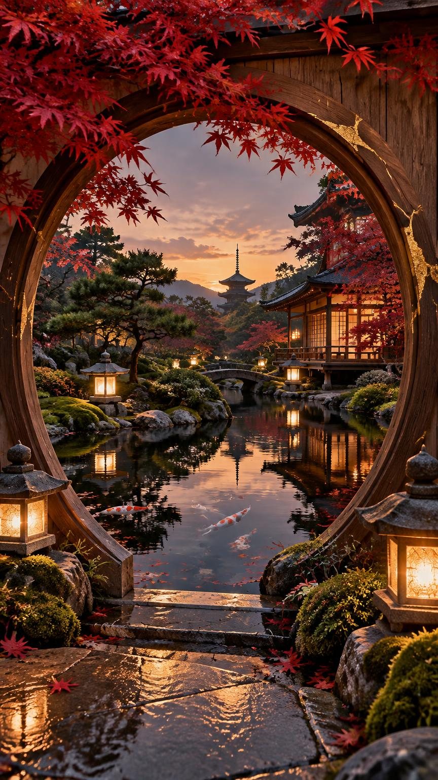 A round wooden moon gate framed by crimson maple leaves, opening onto a lantern-lit Kyoto garden with a koi pond and a pagoda at sunset.