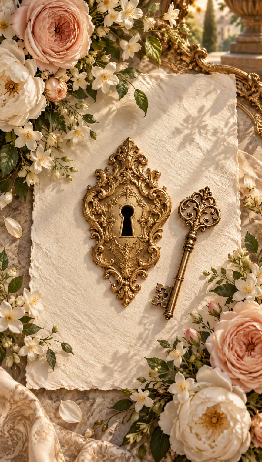 An ornate antique-gold rococo escutcheon and key on handmade ivory paper, surrounded by blush roses, ivory peonies and jasmine.