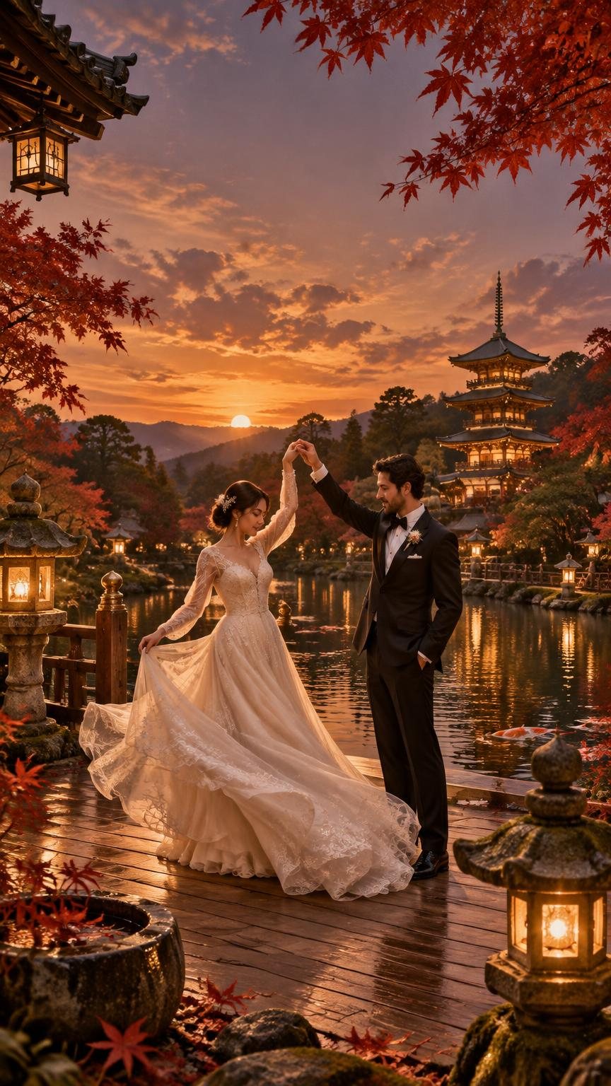 A bride and groom dancing on a wooden terrace beside a lantern-lit pond at sunset, with crimson maples and a pagoda behind them.