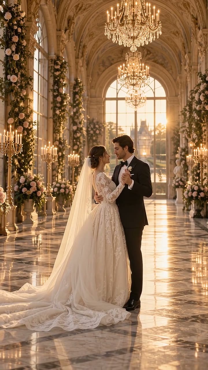 A bride in a long-sleeved ivory gown and cathedral veil dancing with a groom in a black tuxedo in a chandelier-lit palace gallery with flower-wound columns.