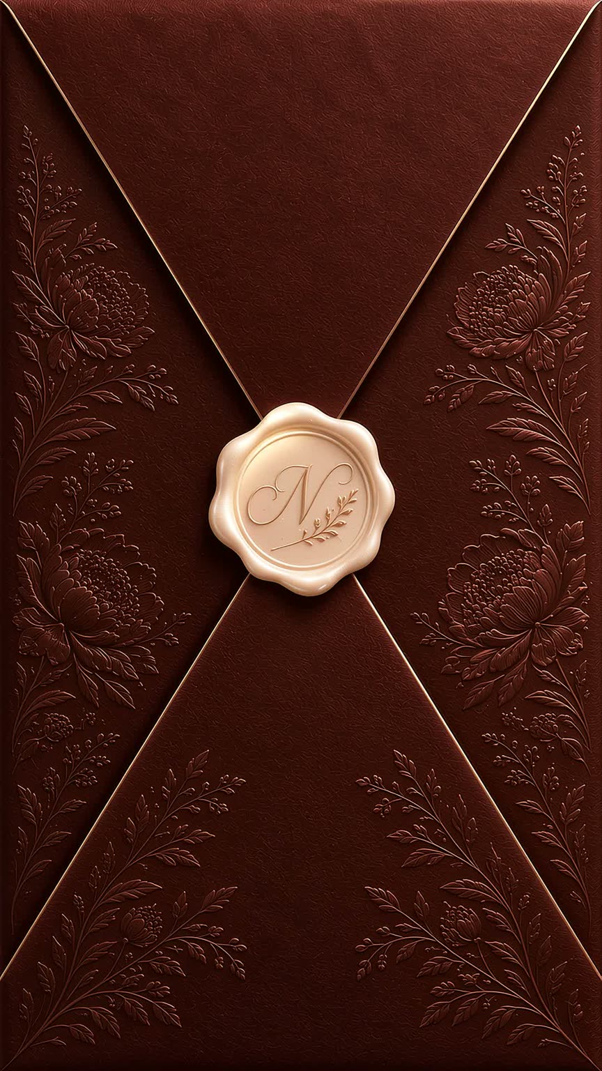 A deep burgundy envelope embossed with roses and leaves, sealed with an ivory wax monogram seal.