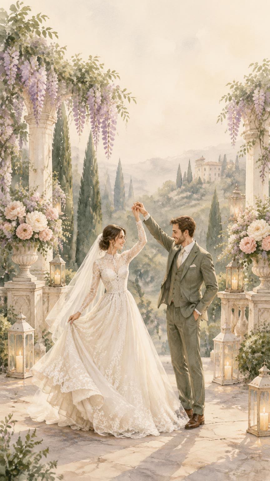 A groom in a sage suit twirling a bride in a lace gown and veil on a garden terrace with wisteria, peonies and lanterns.