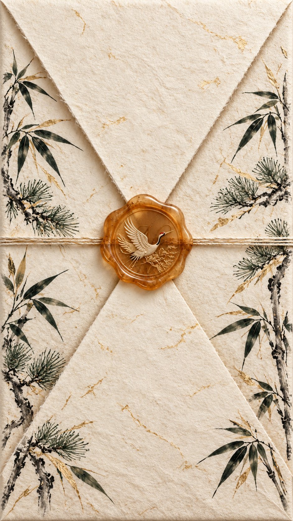 A washi paper envelope painted with bamboo and pine branches, tied with twine and sealed with an amber wax seal bearing a crane.