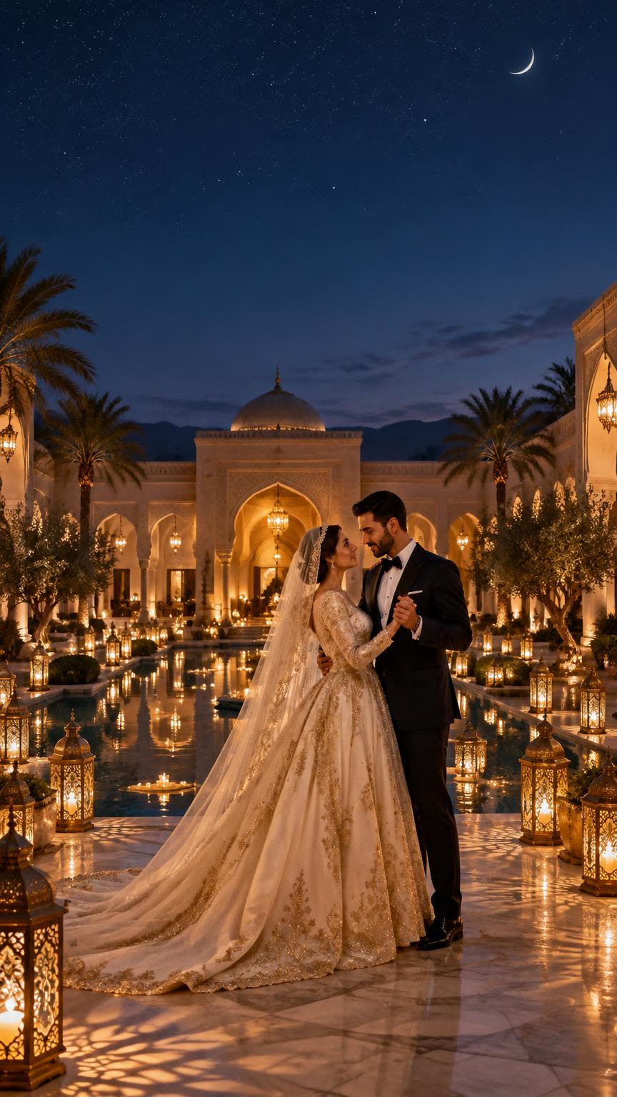 A bride in an embroidered ivory gown and long veil dancing with a groom in a black tuxedo on a lantern-lit palace terrace beside a reflecting pool at night.