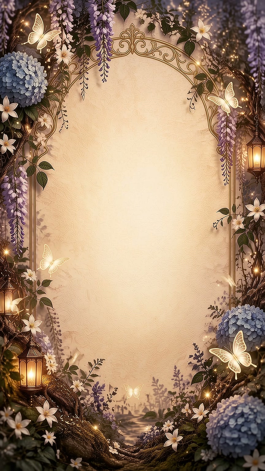 Textured ivory paper framed by an ornate gold arch with lilac wisteria, blue hydrangeas, white jasmine, luminous butterflies and warm glowing lanterns.