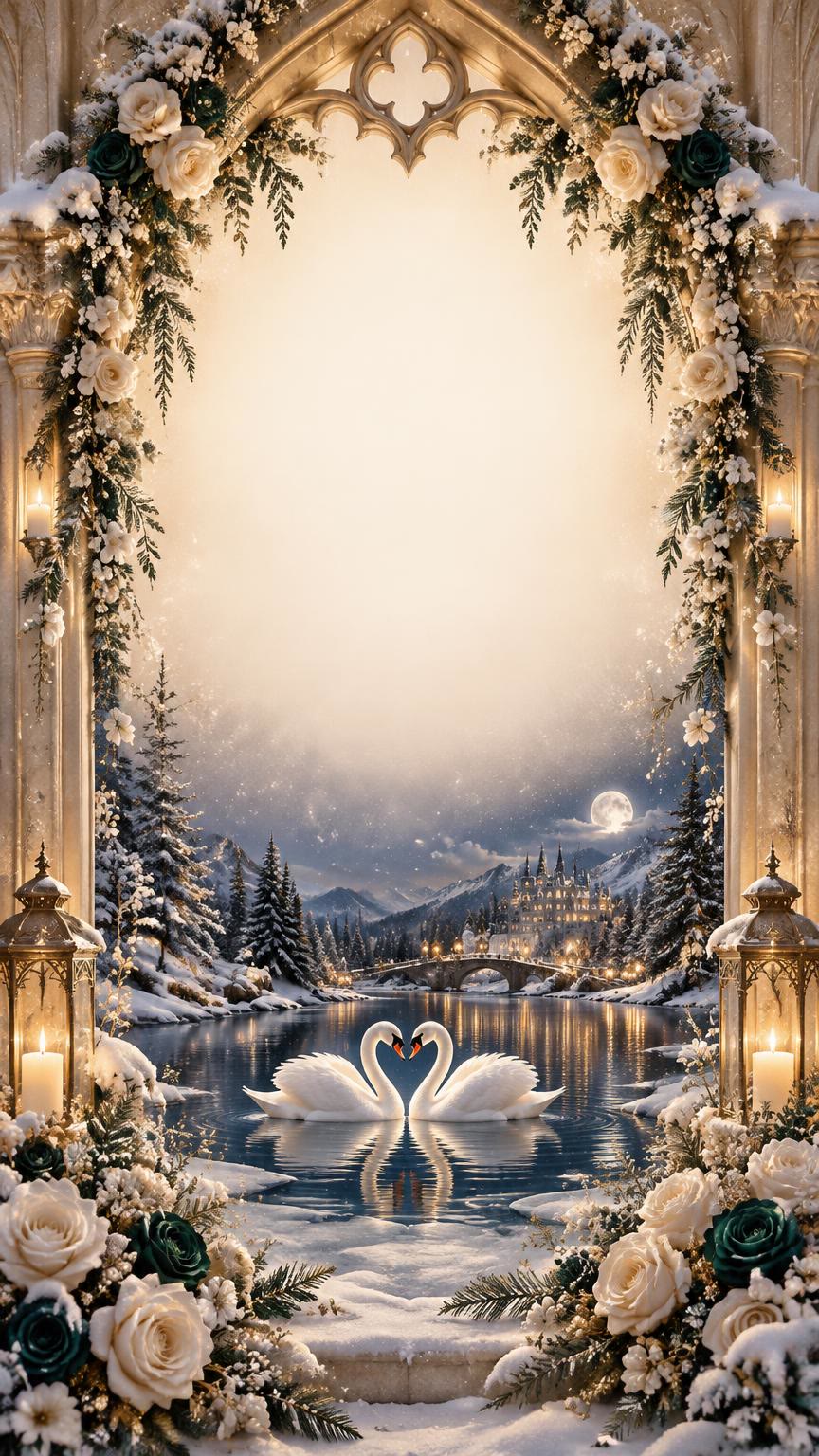 Two white swans forming a heart on a moonlit winter lake, framed by a carved arch with ivory roses, pine and glowing lanterns.