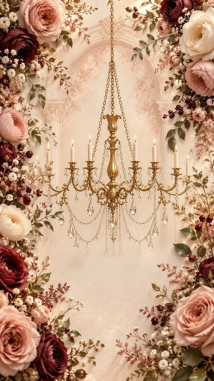 A gilded crystal chandelier with candles hanging in a soft ivory hall, framed on both sides by blush, ivory and burgundy roses.