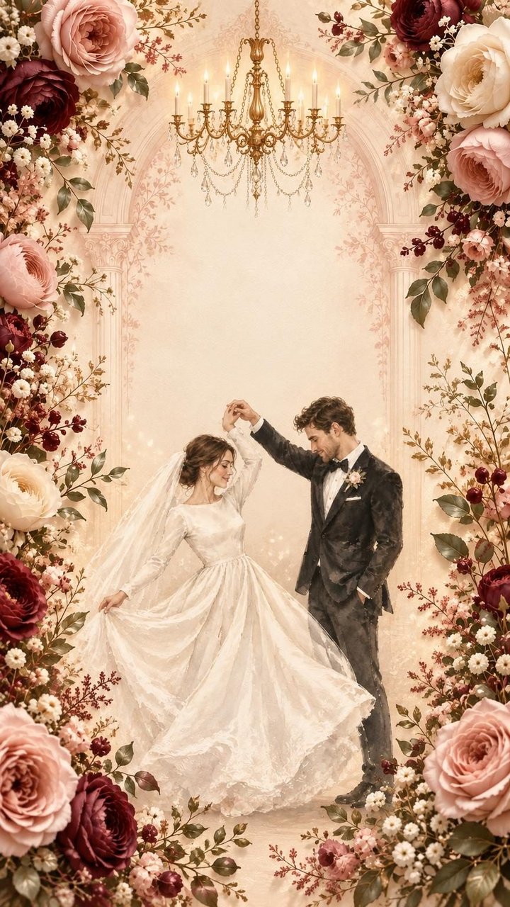 A bride in a long-sleeved ivory gown and veil twirling beneath the groom's raised hand in a chandelier-lit hall framed by roses.