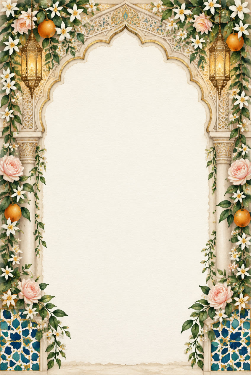 A watercolour Moorish arch frame with climbing jasmine, blush roses, oranges and two brass lanterns on zellige-tiled pillars around an open ivory centre.
