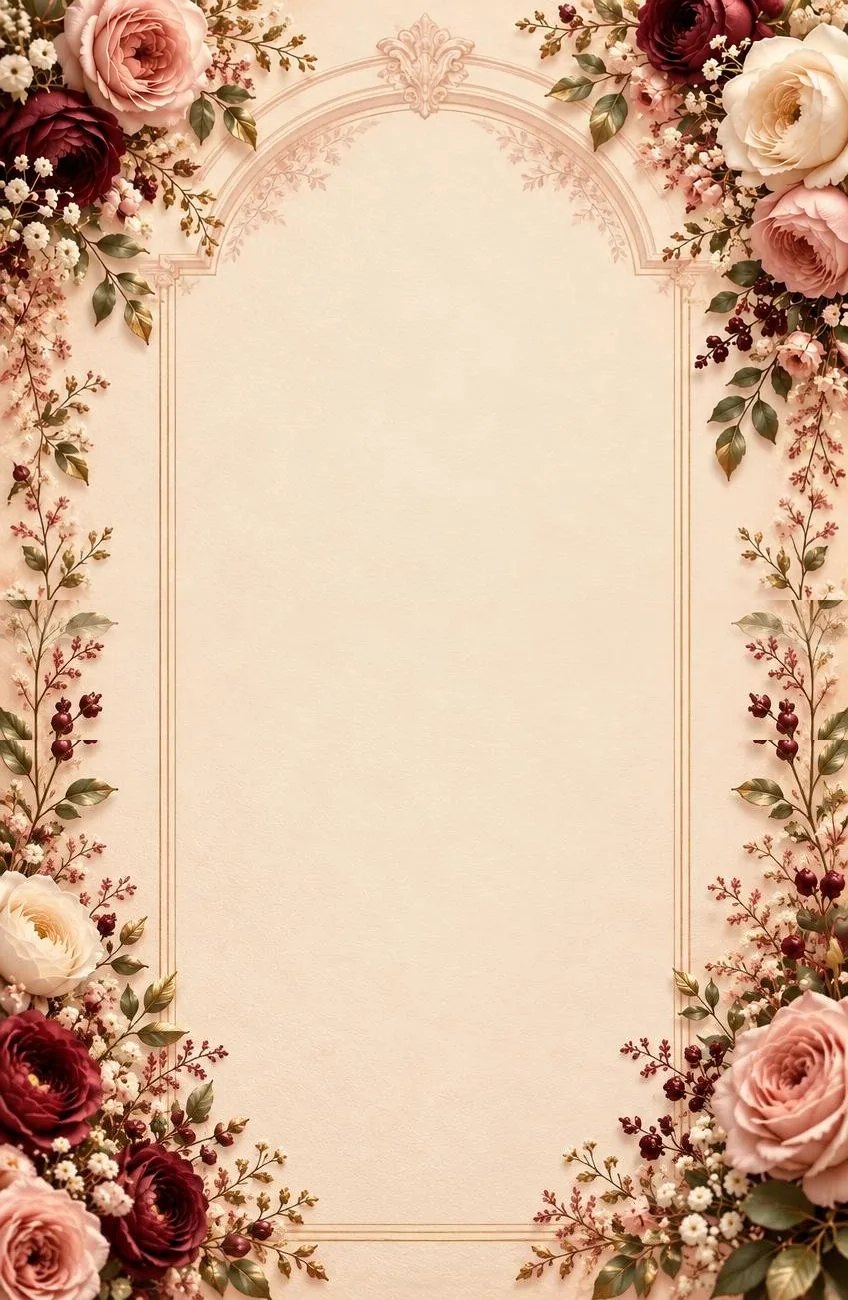 A blush paper page framed by a delicate arch, with blush, ivory and burgundy roses and berried vines along both sides.