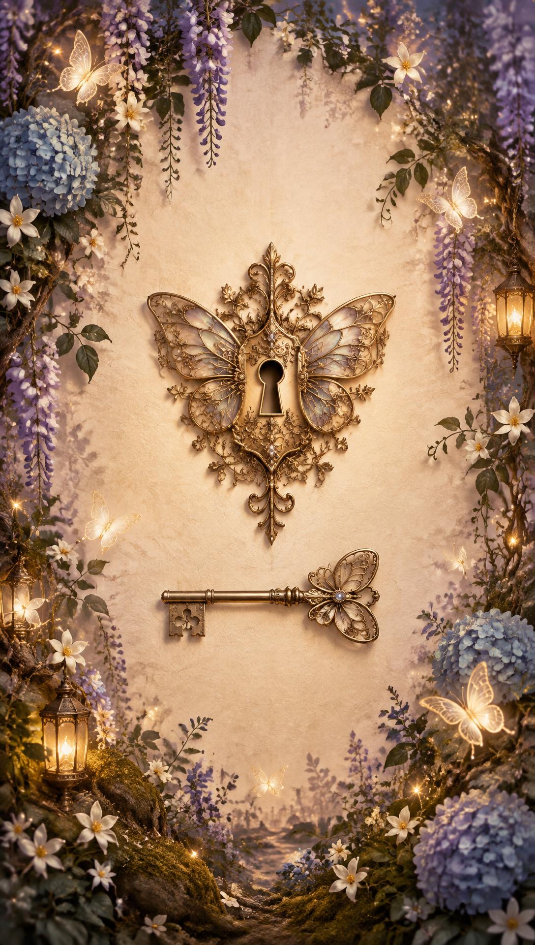 An antique-gold butterfly escutcheon and butterfly-bow key on warm parchment, framed by lilac wisteria, blue hydrangeas, white jasmine, glowing lanterns and luminous butterflies.