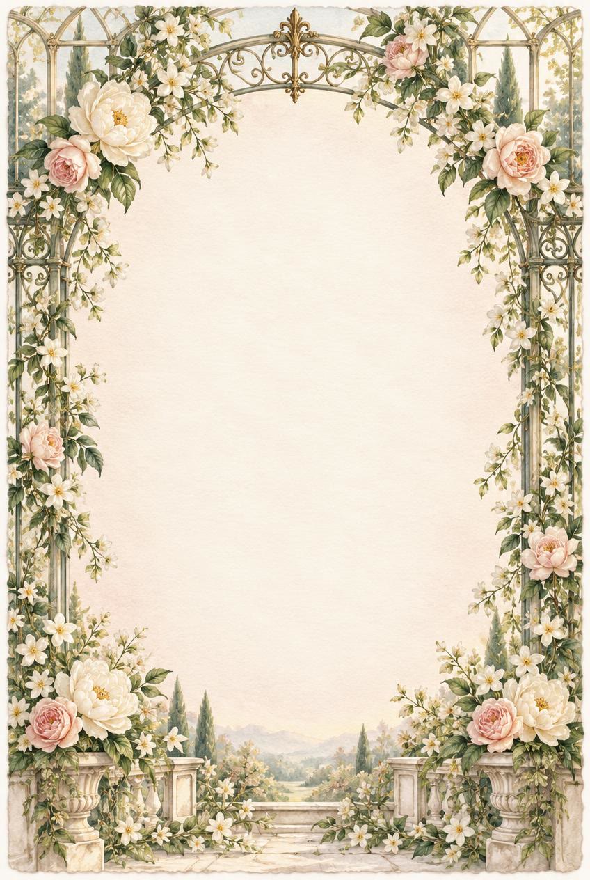 A watercolour Victorian iron arch frame climbing with blush and ivory peonies and jasmine, with stone urns at its base, around an open cream paper centre.