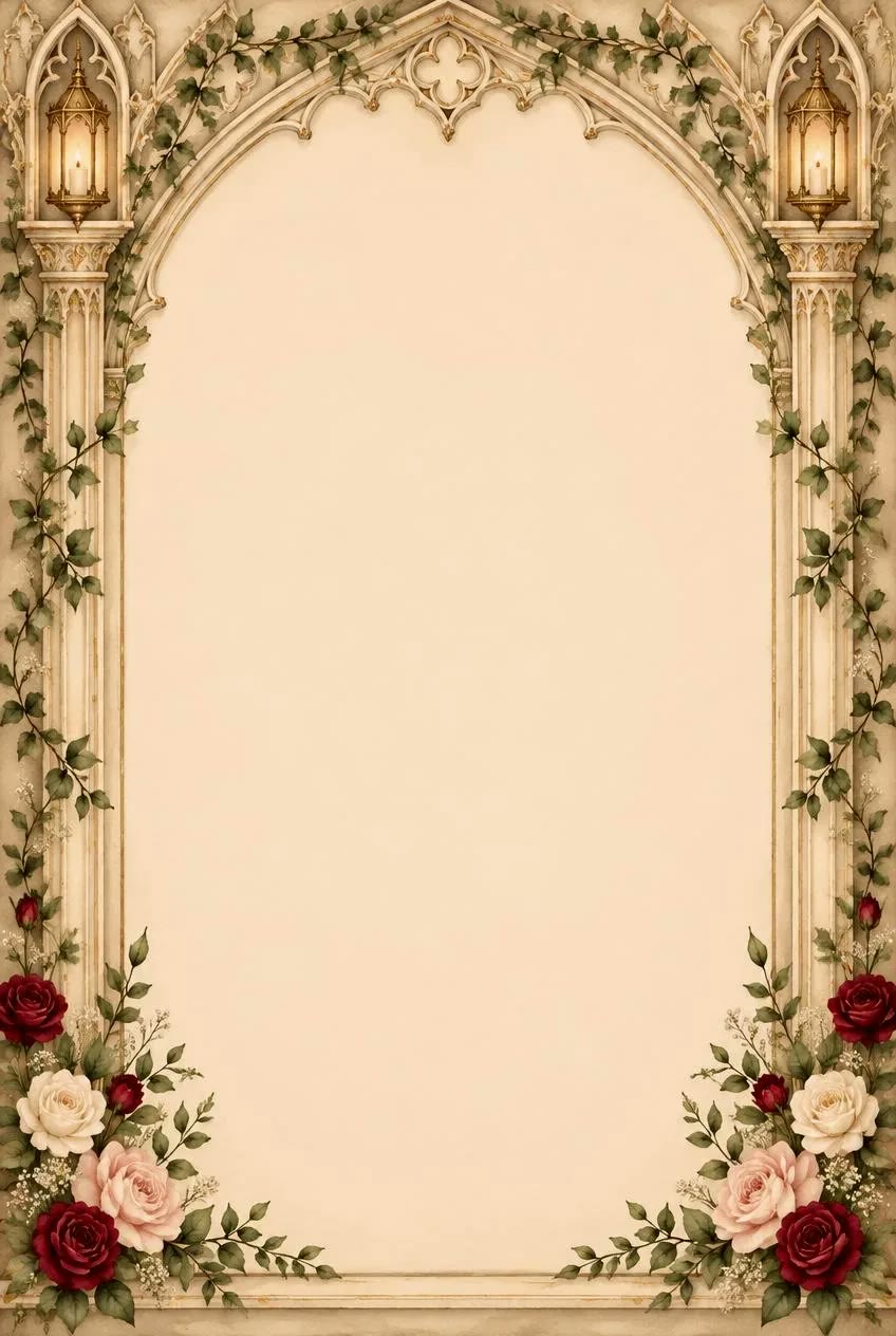 A pale gothic arch frame with trailing vines, lanterns and burgundy, blush and ivory roses around an open cream paper centre.