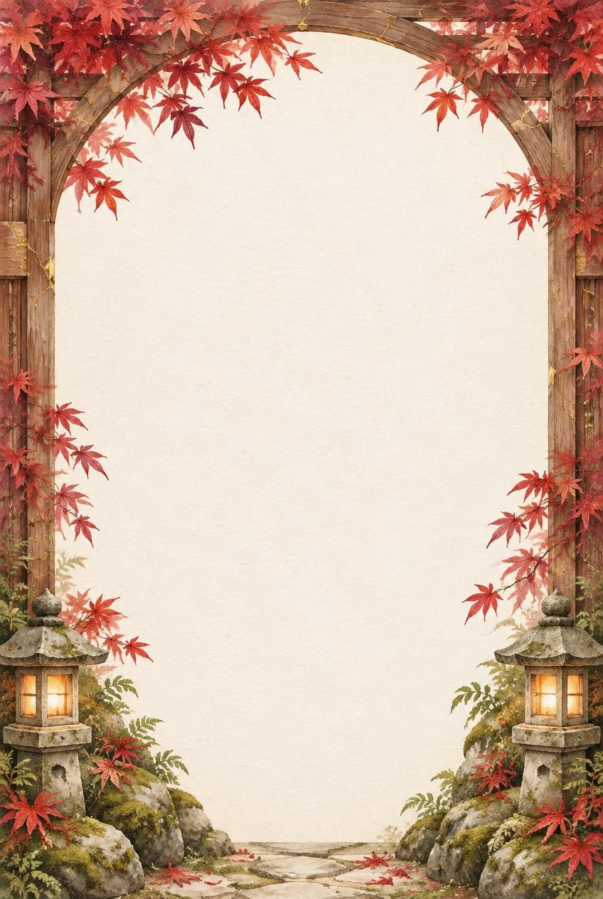A watercolour frame of a wooden arch with crimson maple leaves and two stone lanterns around an open ivory paper centre.