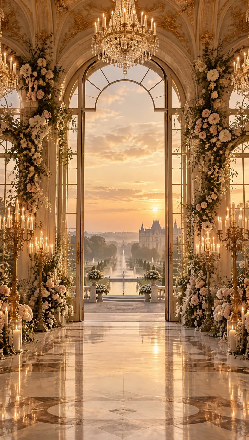 A grand palace orangerie with gilded mouldings, a crystal chandelier and climbing blush roses, its tall arched doors opening onto formal gardens, a fountain and a château at sunset.