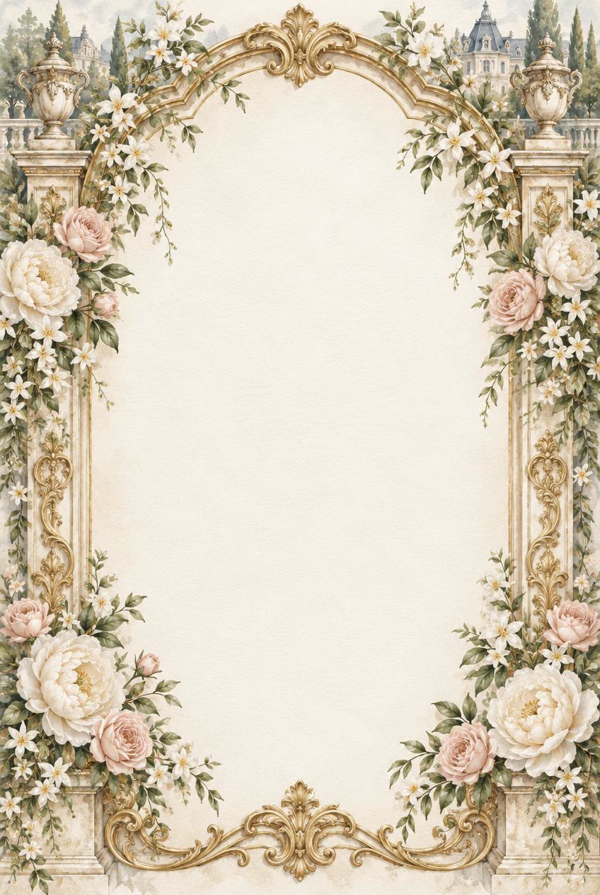 A watercolour baroque arch frame with gilded scrollwork, stone pillars and urns, blush roses and jasmine around an open cream paper centre, a château in the distance.