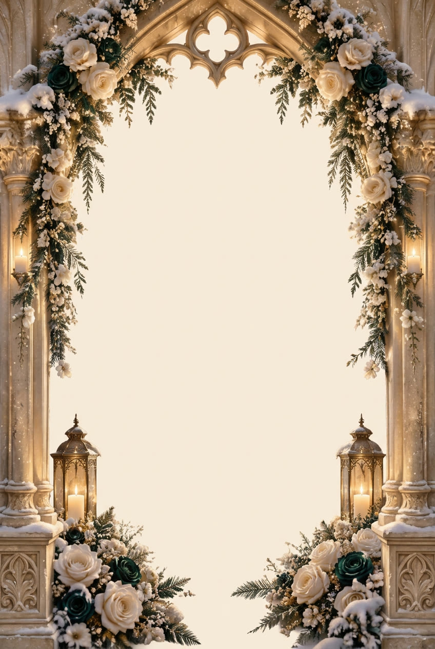 An ivory gothic arch frame with white roses, winter greenery and lanterns around an open cream paper centre.