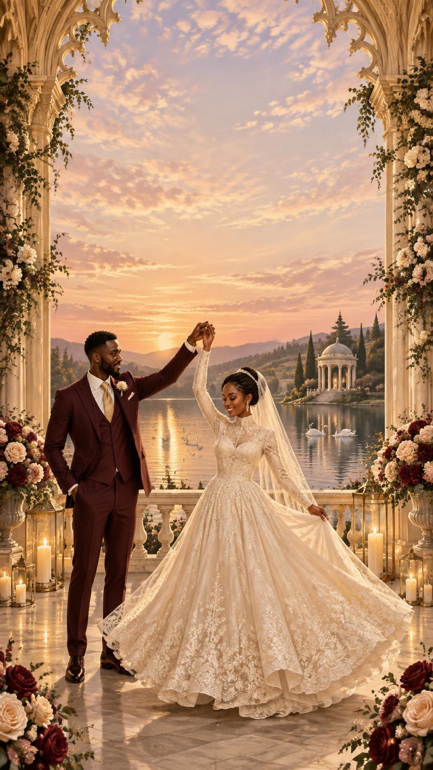 A groom in a burgundy suit twirling a bride in a long-sleeved lace gown and veil on a candlelit terrace overlooking a lake at sunset.