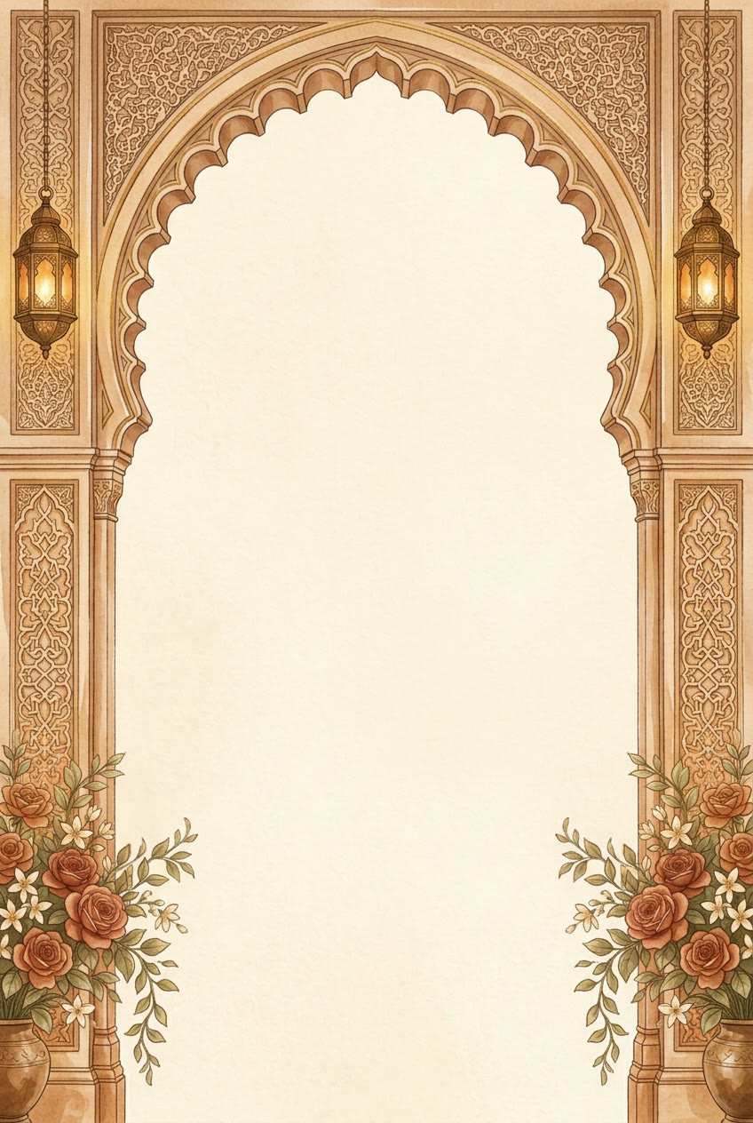 A carved amber Moorish arch frame with hanging lanterns and roses around an open cream paper centre.