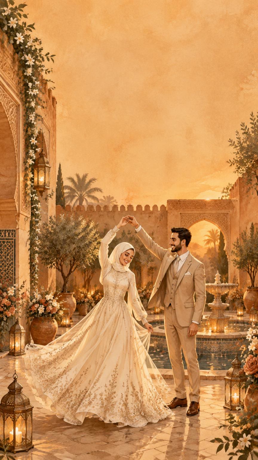 A bride in an ivory hijab and embroidered gown twirling beneath the raised hand of a groom in a beige suit in a lantern-lit riad courtyard.