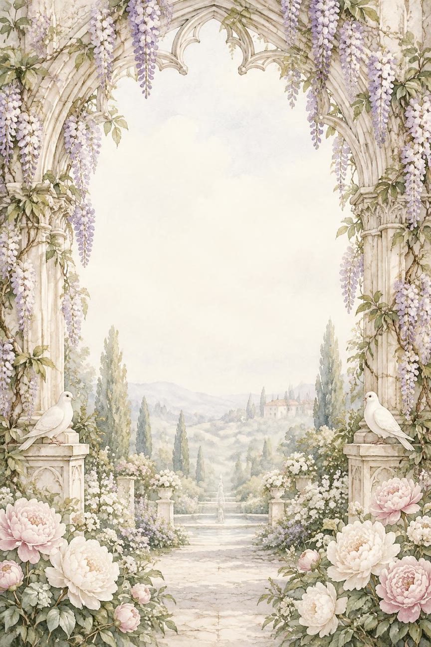 A pale stone arch hung with lilac wisteria, white doves resting above blush and ivory peonies, with cypress hills in the distance.