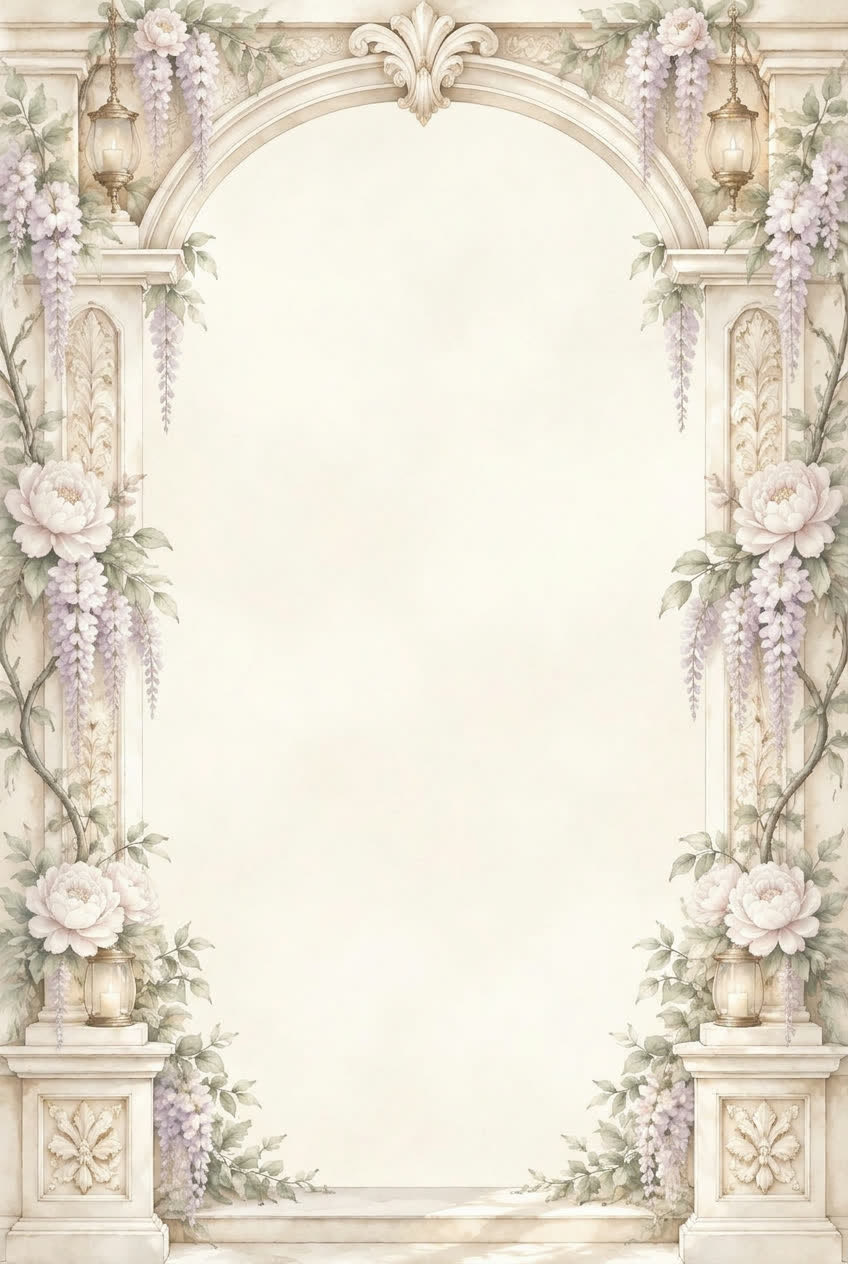 A carved ivory stone arch frame with lilac wisteria, white peonies and small lanterns around an open cream paper centre.