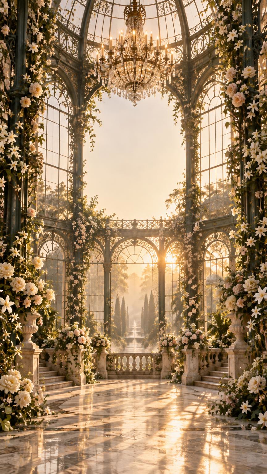 A sunlit Victorian glasshouse with iron arches climbing with ivory peonies and jasmine, a crystal chandelier overhead and a marble floor leading to a garden fountain.