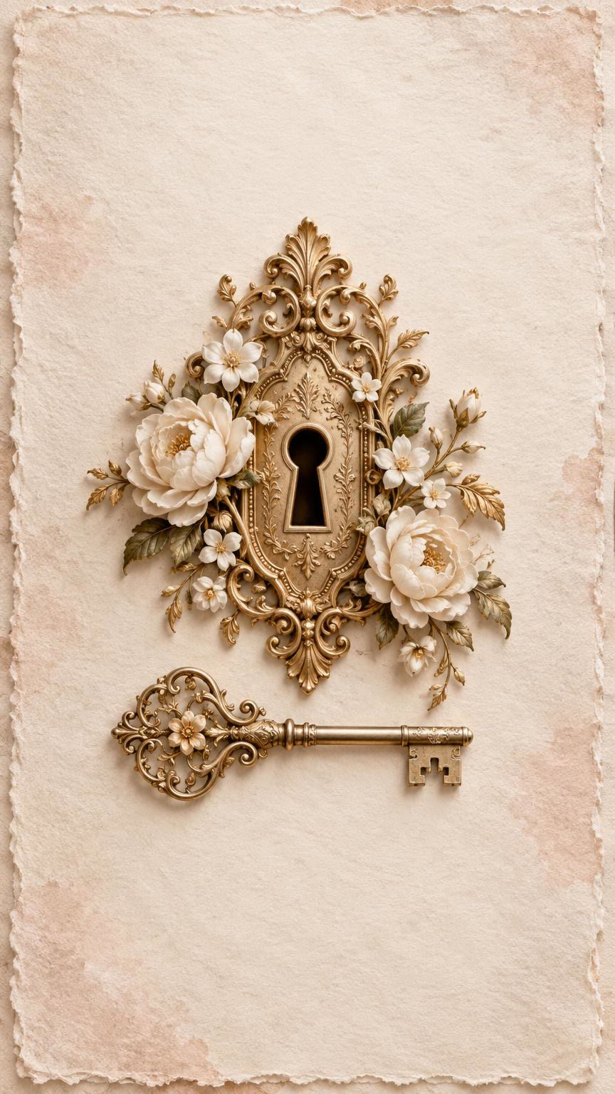 An ornate antique-gold escutcheon framed by ivory peonies and jasmine on deckled cream paper, with a filigree key resting below.