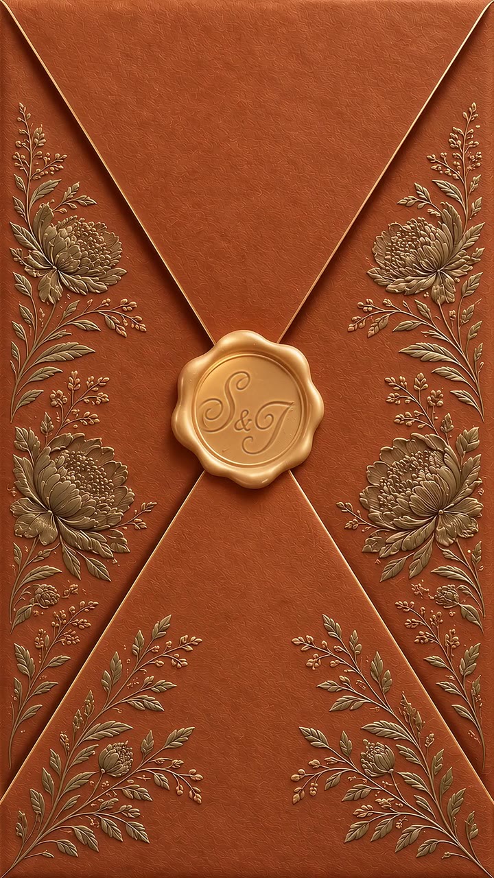 A terracotta envelope embossed with floral branches, sealed with a gold wax monogram seal.