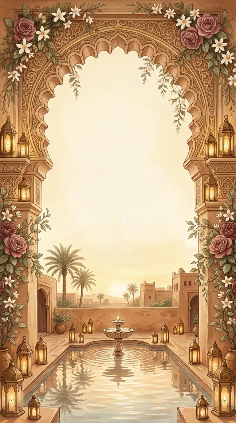 A carved Moorish arch with roses and jasmine opening onto a lantern-lit riad courtyard with a reflecting pool, fountains and palms.