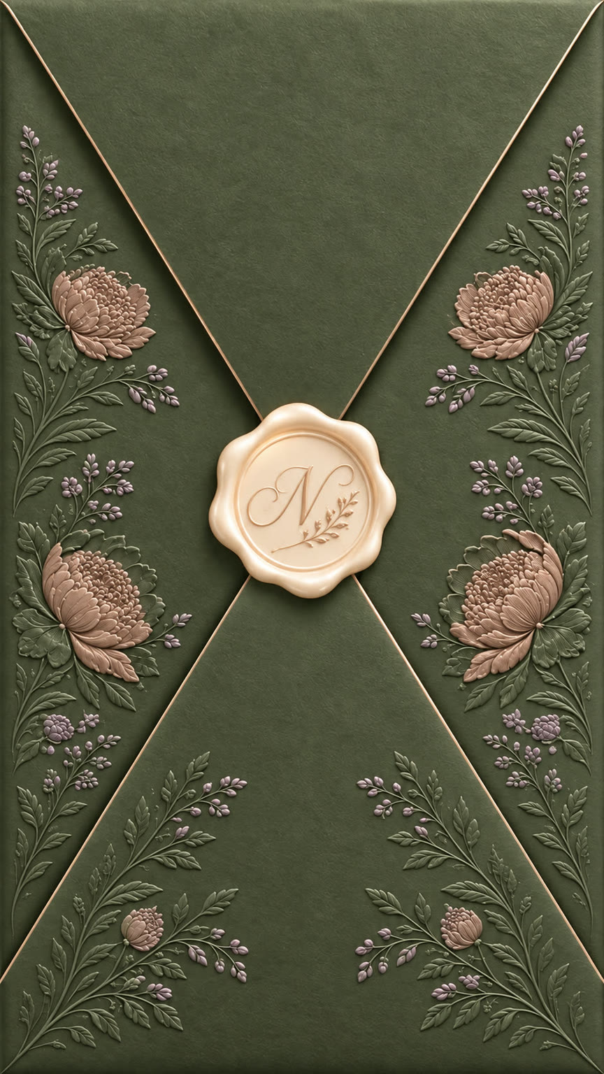 A sage green envelope embossed with blush peonies and wisteria sprigs, sealed with a cream wax monogram seal.