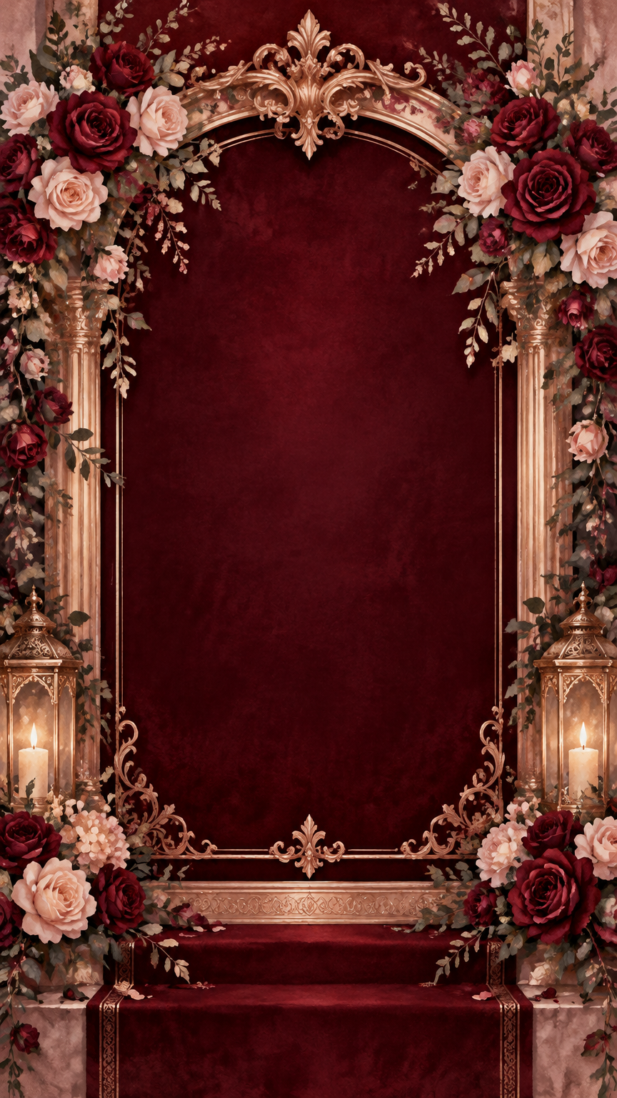 A burgundy velvet scene framed by a rose gold filigree arch with deep red and blush roses and candle lanterns.