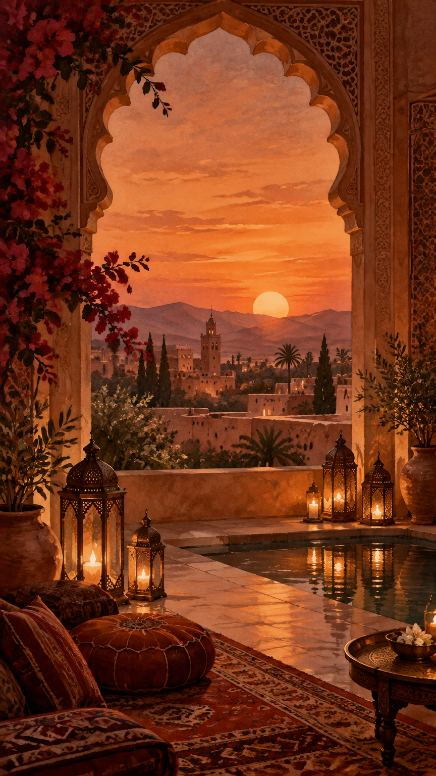 A Moorish arch opening onto a candlelit riad terrace with lanterns, a pool and a terracotta desert sunset.