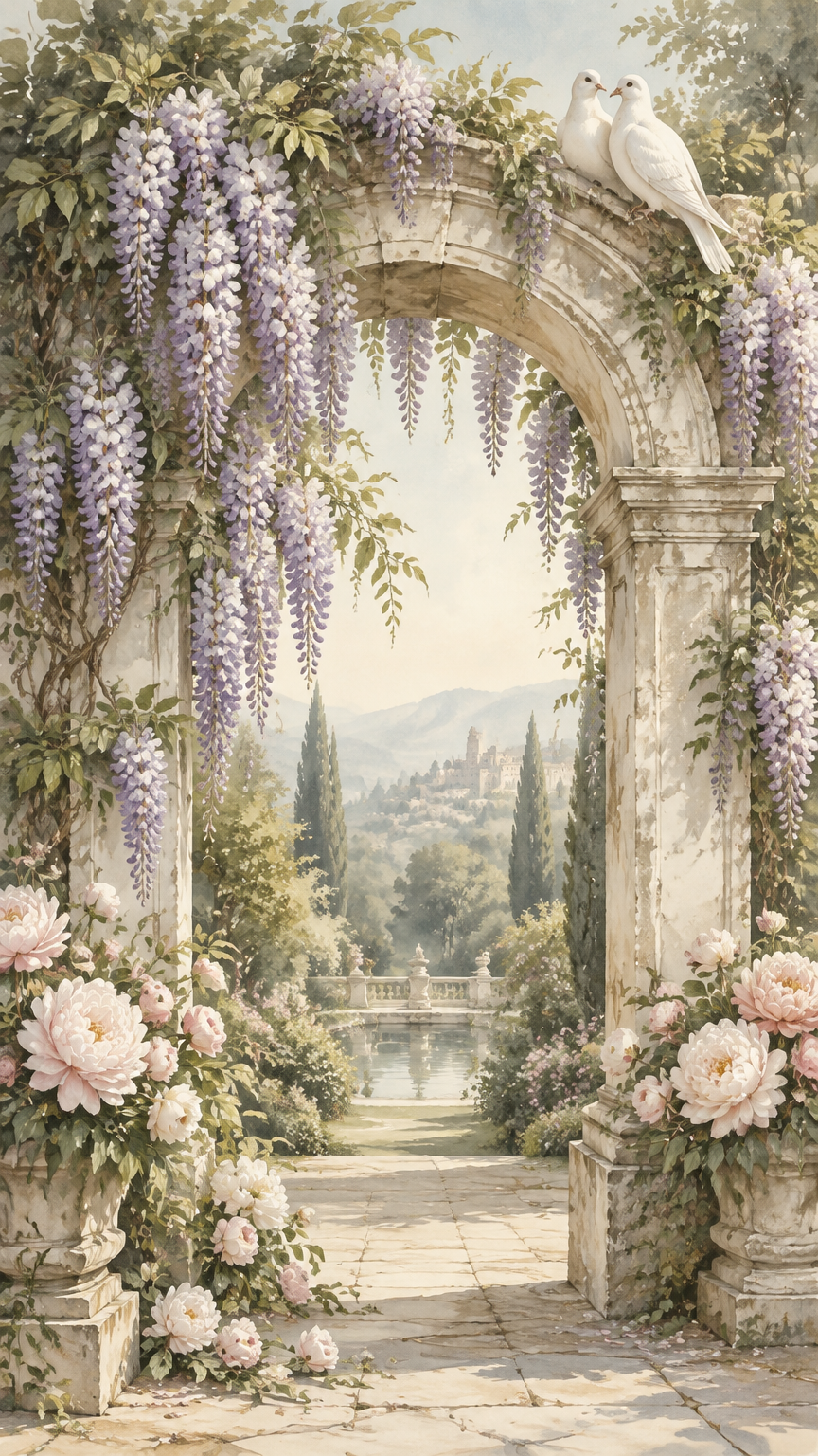 A stone arch draped with wisteria and two white doves, opening onto a soft garden with blush peonies.