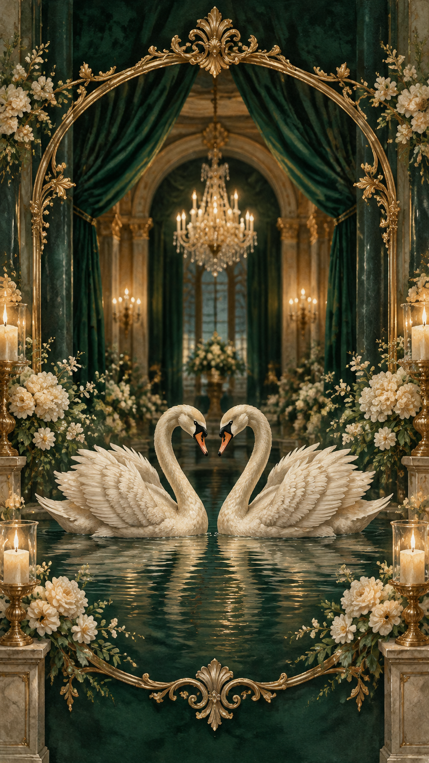 Two white swans facing each other on dark water inside an emerald velvet ballroom with a gold arch and chandelier.